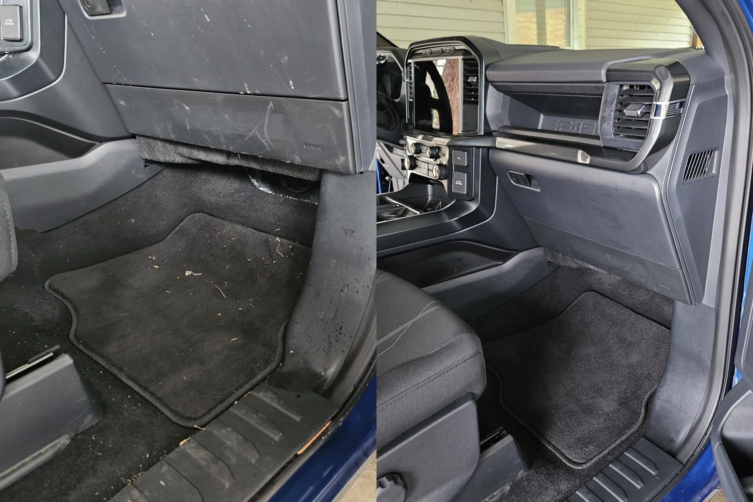 Ford F-150 floor before and after interior detailing