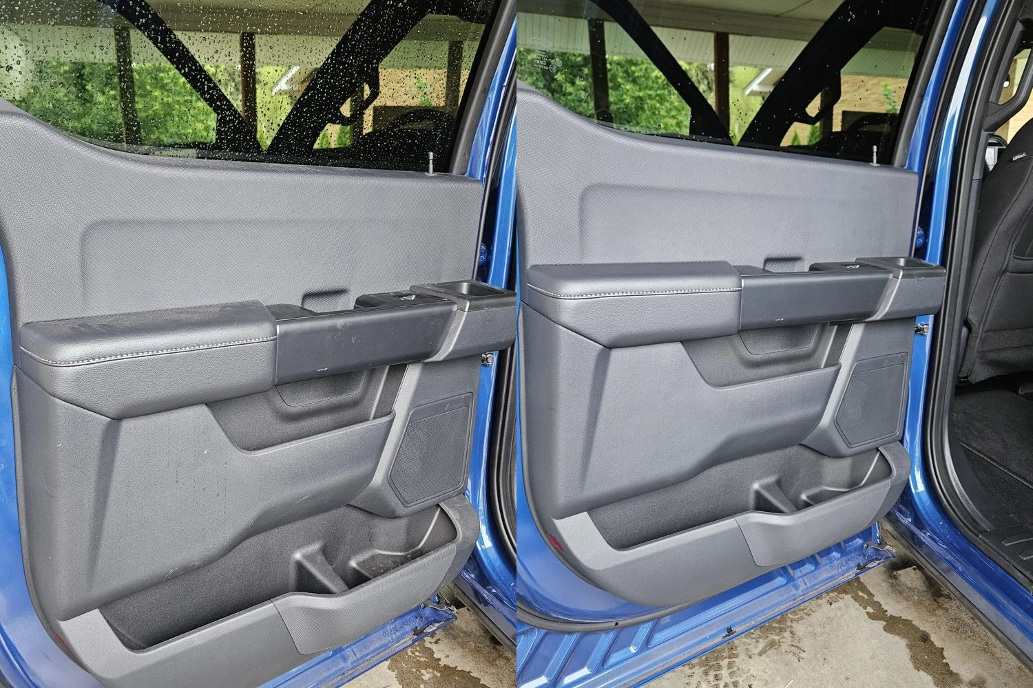 Ford F-150 door panel before and after interior detailing