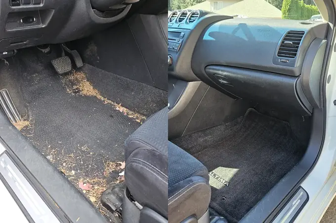 2008 Nissan Altima footwell before and after detailing in Camas WA