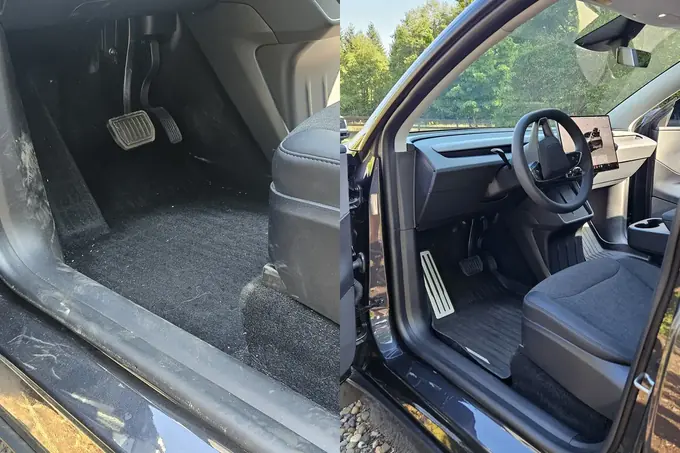 2026 Tesla Model Y driver footwell before and after detailing in Camas WA