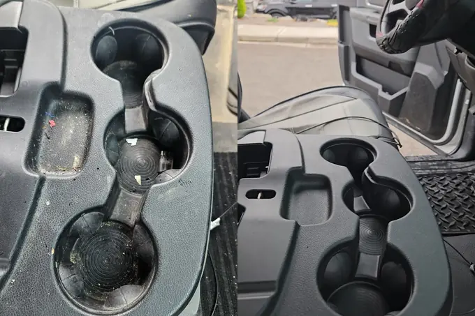 Work truck console before and after interior detailing in La Center WA