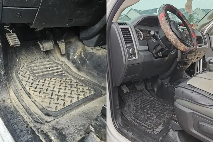 Work truck footwell before and after interior detailing in La Center WA
