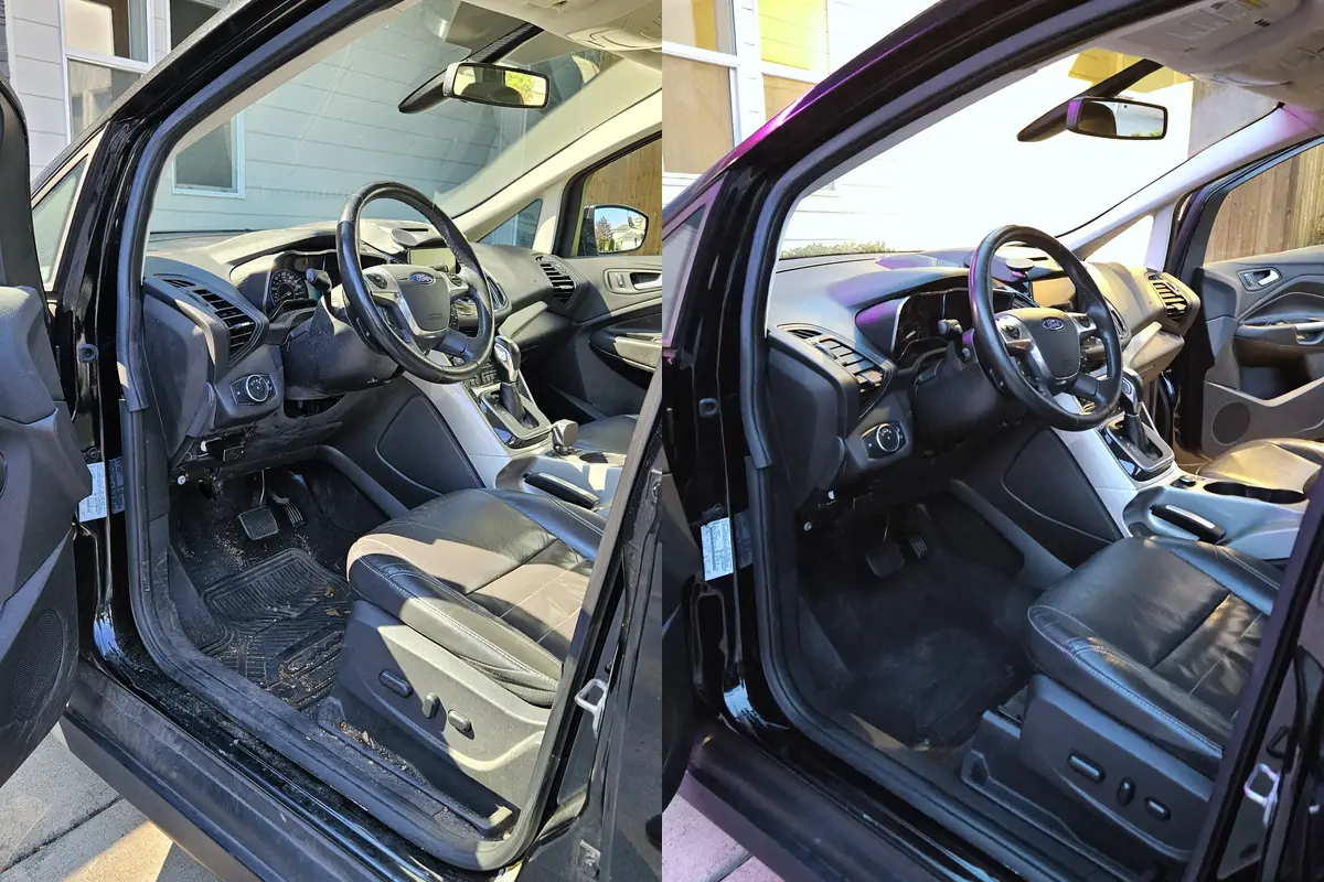 Driver seat and cabin before and after an interior detail