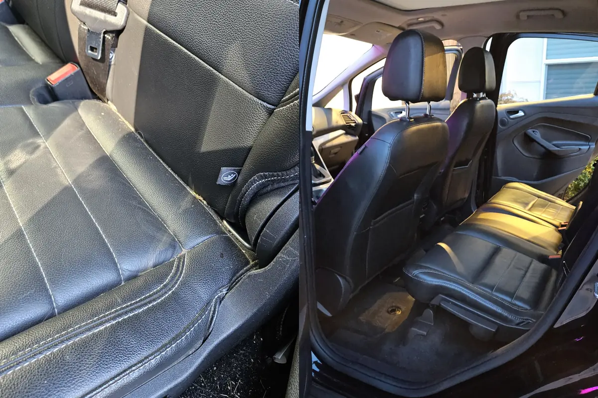 Rear leather seats of a 2015 Ford C-Max with pet hair and dirt, before and after detailing in Brush Prairie WA