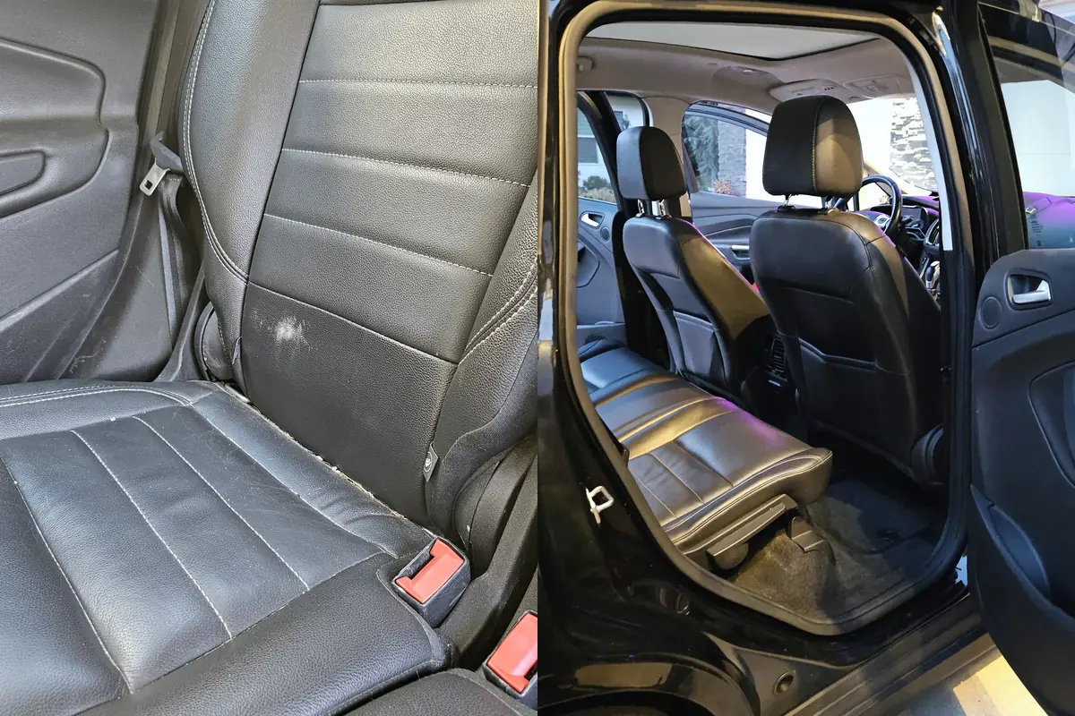 Rear leather seats, right side in a 2015 Ford C-Max, before and after cleaning