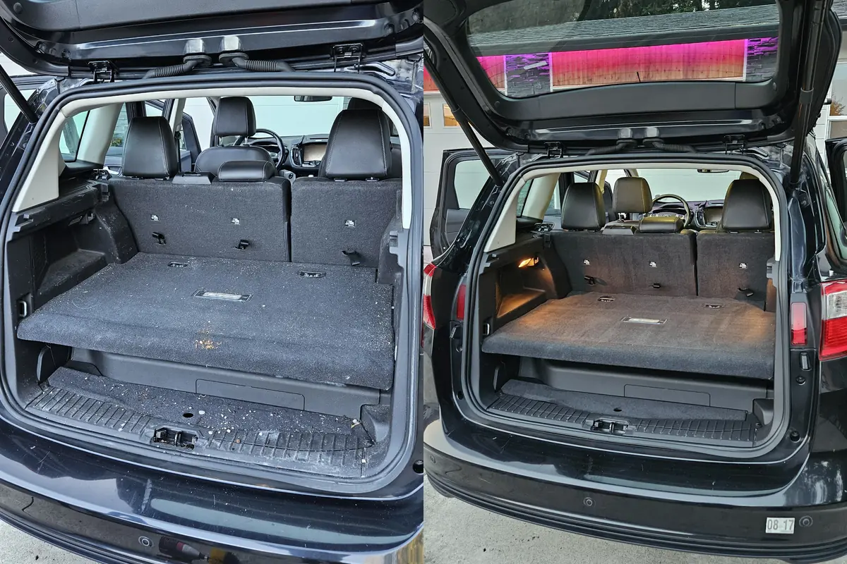 Car trunk before and after being emptied and vacuumed