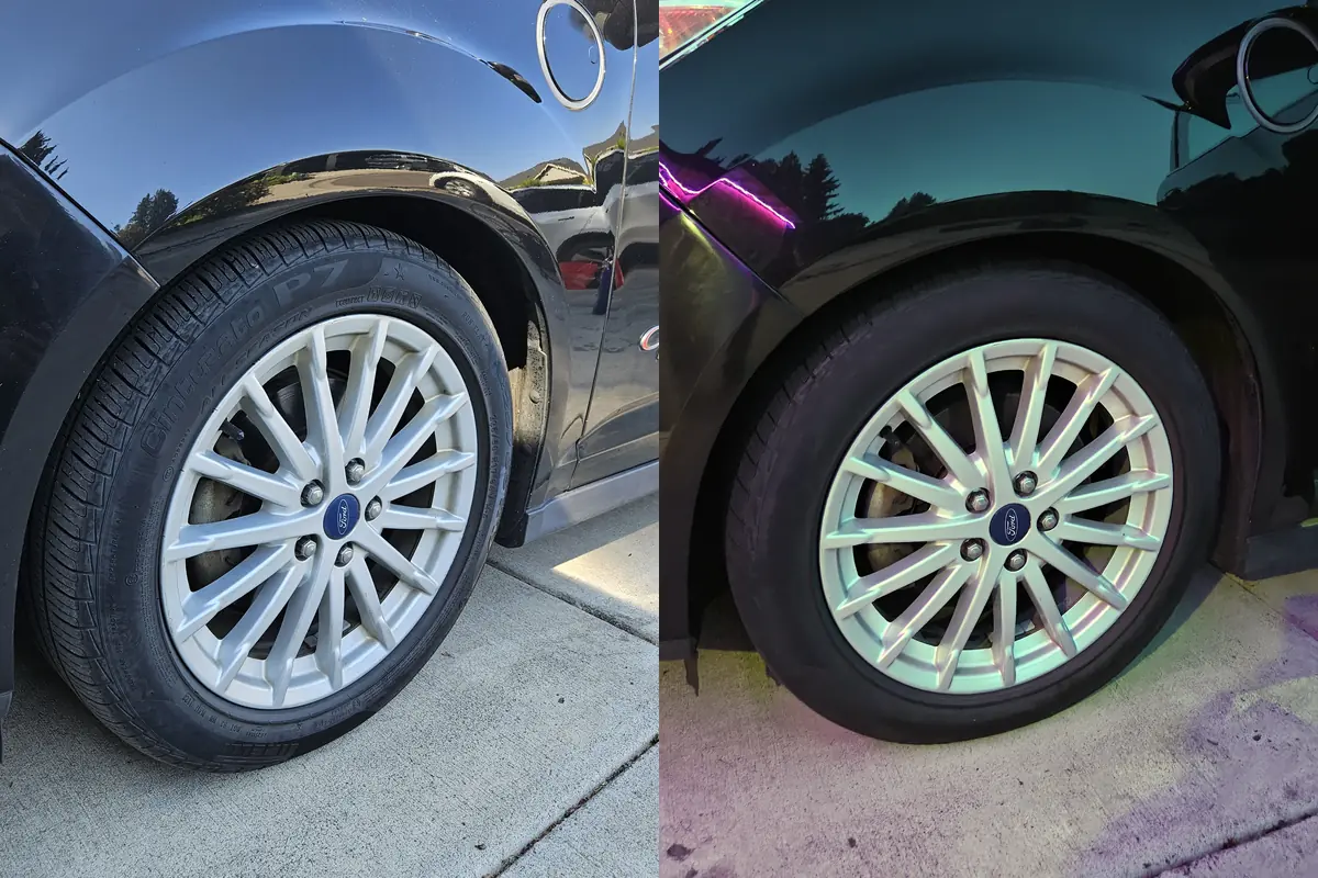 Wheel and arch before and after a deep clean