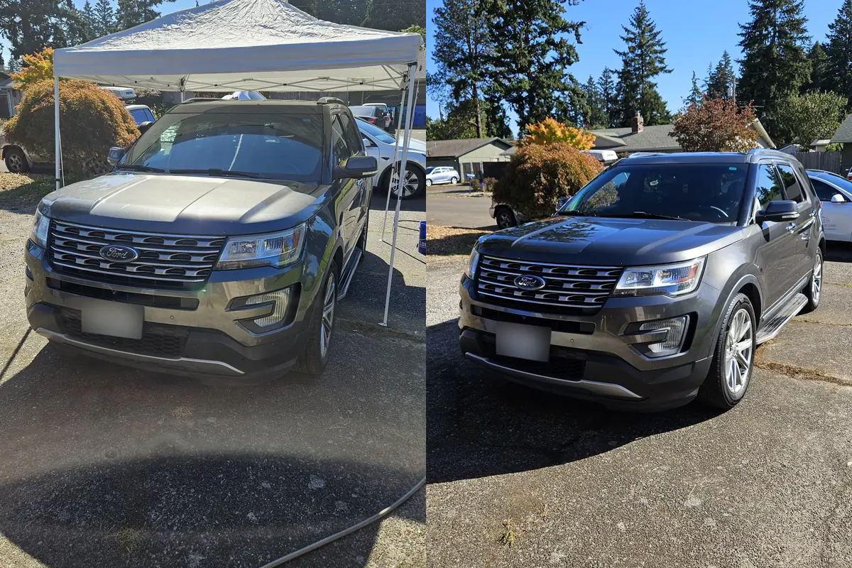 Grey Ford Explorer front before and after a full detail in Vancouver WA