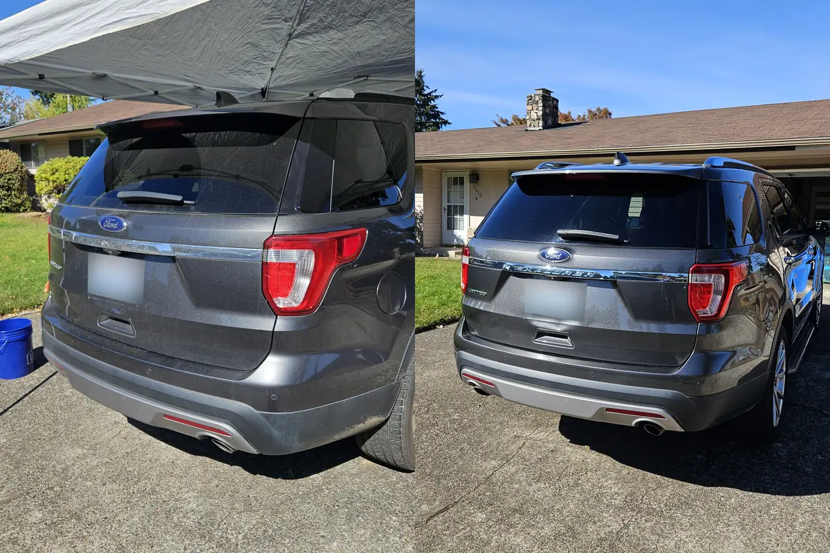 Rear of a Ford Explorer with road film before and glossy after a hand wash and sealant