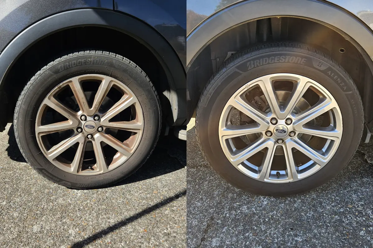 Ford Explorer wheel brown with brake dust before and bright silver after