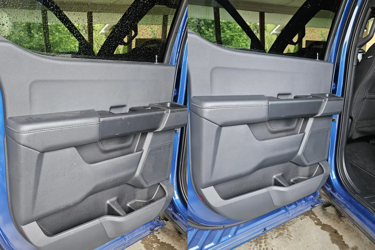 Driver door panel in a Ford F-150, before and after cleaning