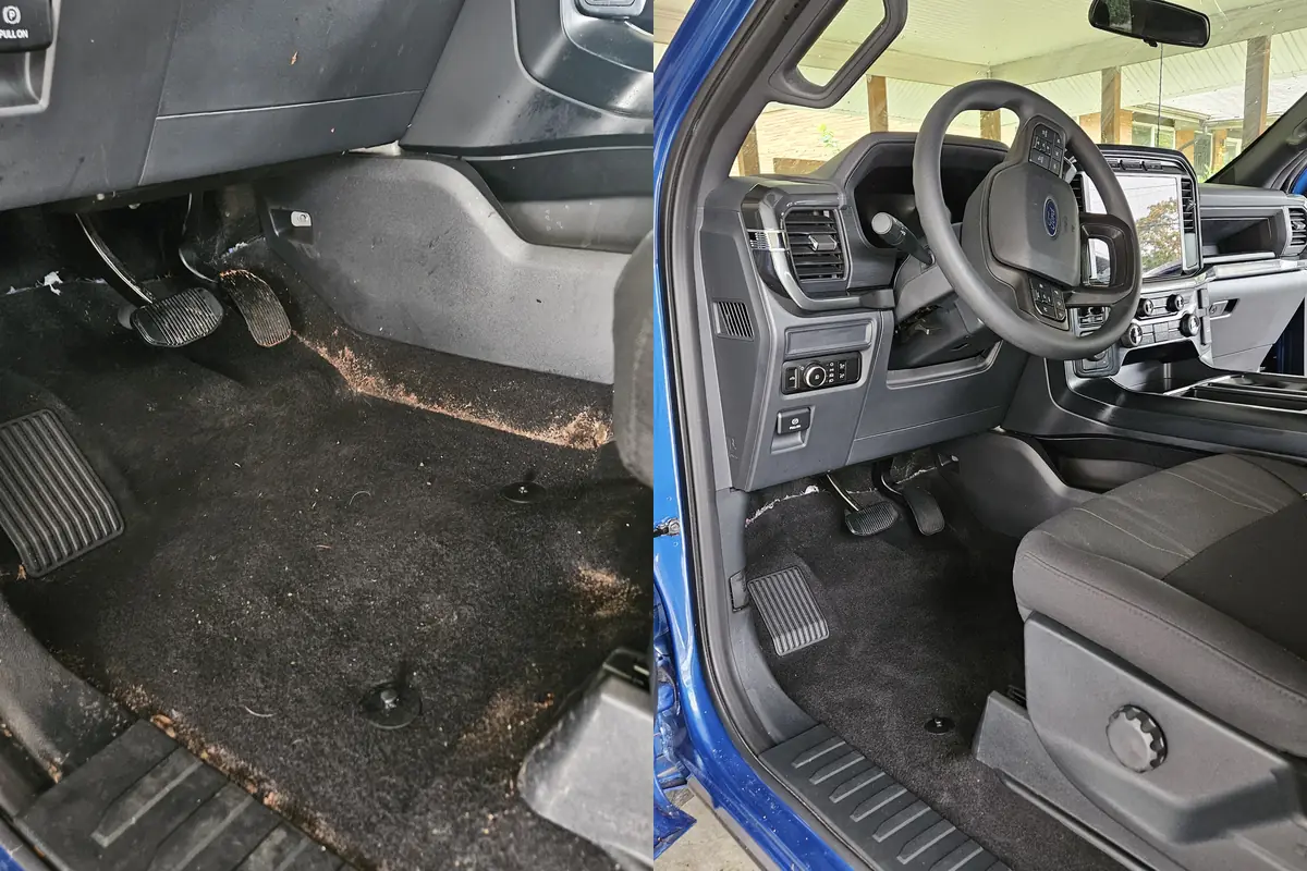 Driver floor of a Ford F-150 after vomit cleanup, before and after in Camas WA