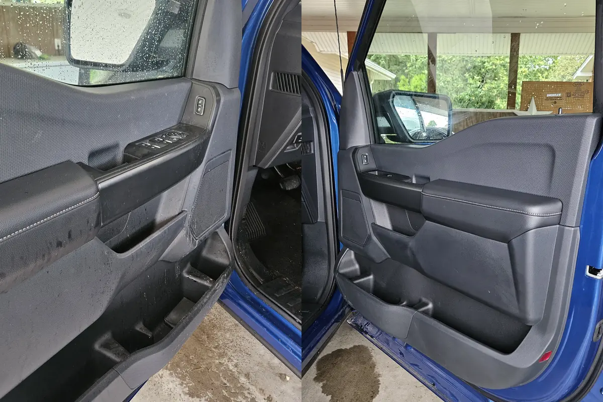 Front door, opened up in a Ford F-150, before and after cleaning
