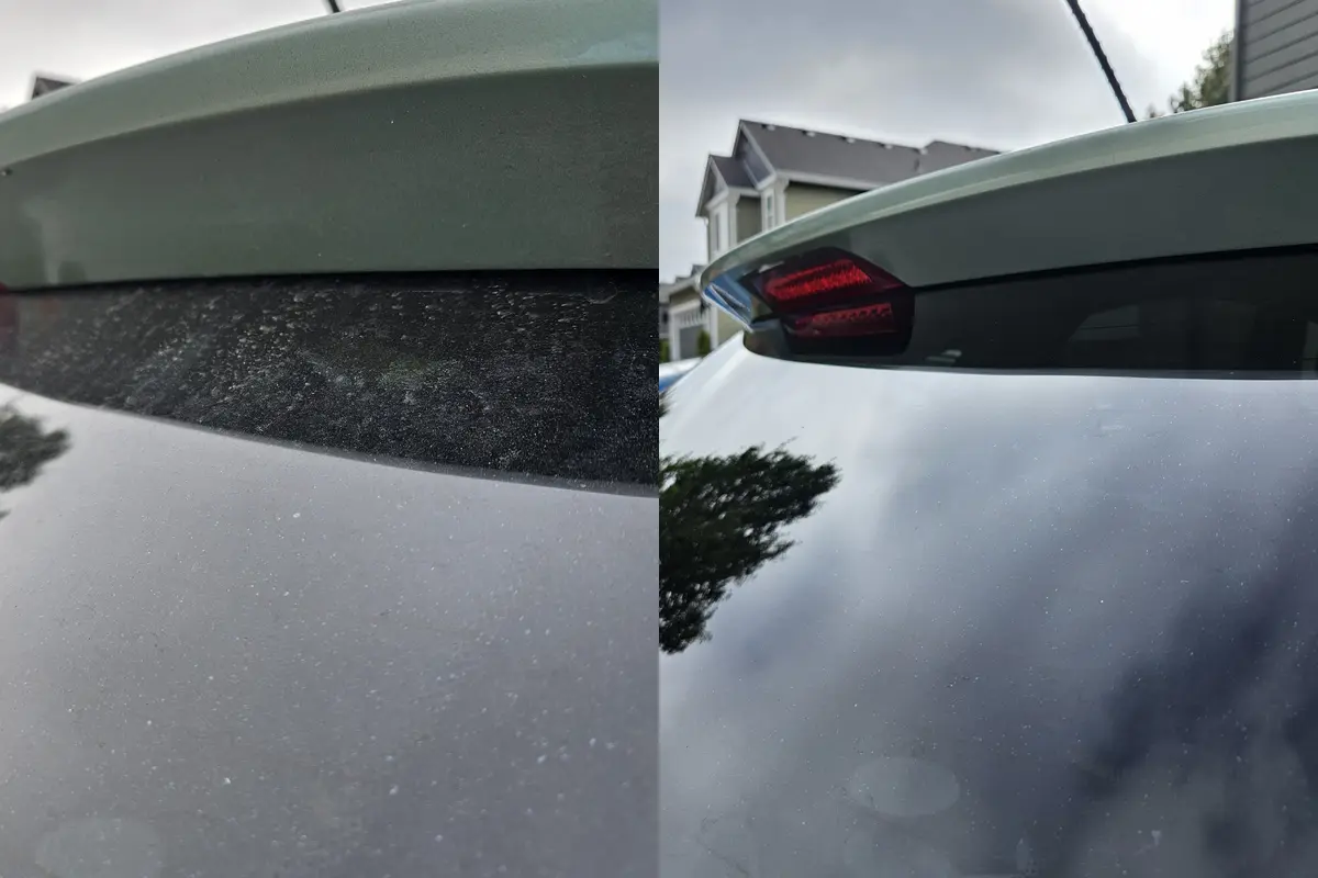 Rear window of a Hyundai Tucson covered in dried water spots before and clear after an exterior wash