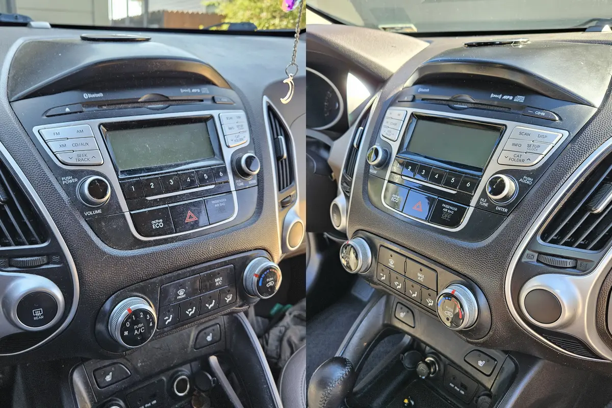 Centre stack and controls of a Hyundai Tucson dusty before and clean after