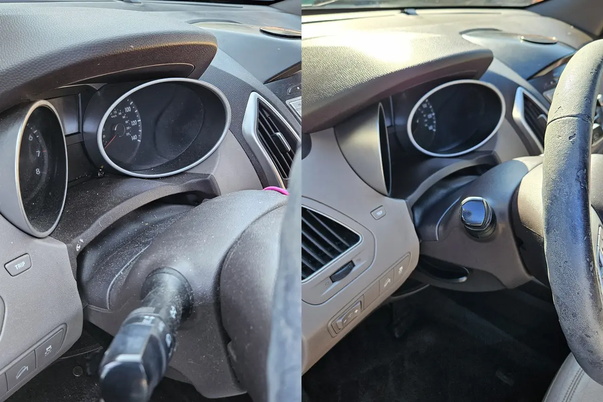Instrument cluster and vents of a Hyundai Tucson before and after interior detailing