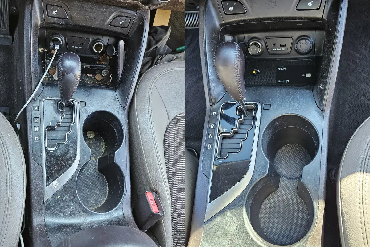 Centre console and cup holders of a Hyundai Tucson filled with crumbs before and clean after detailing in Ridgefield WA