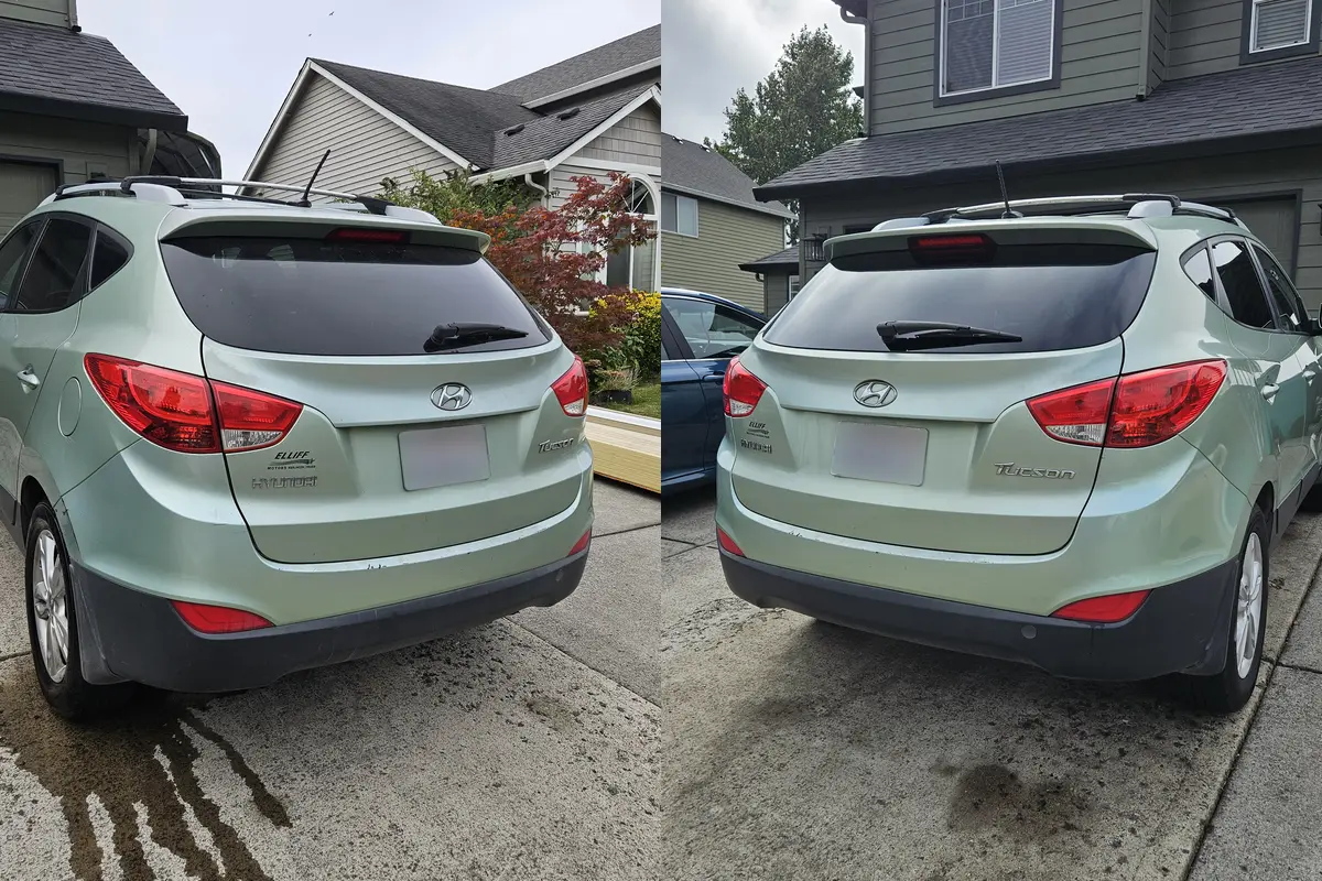 Rear of a green Hyundai Tucson before and after an exterior hand wash