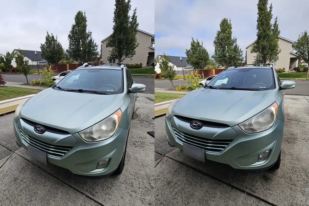 Green Hyundai Tucson before and after an exterior hand wash in Ridgefield WA