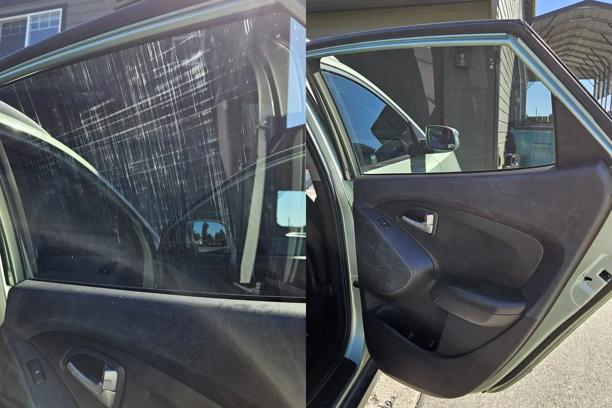 Front door window and panel of a Hyundai Tucson streaked and grimy before, clear after interior and exterior cleaning in Ridgefield WA