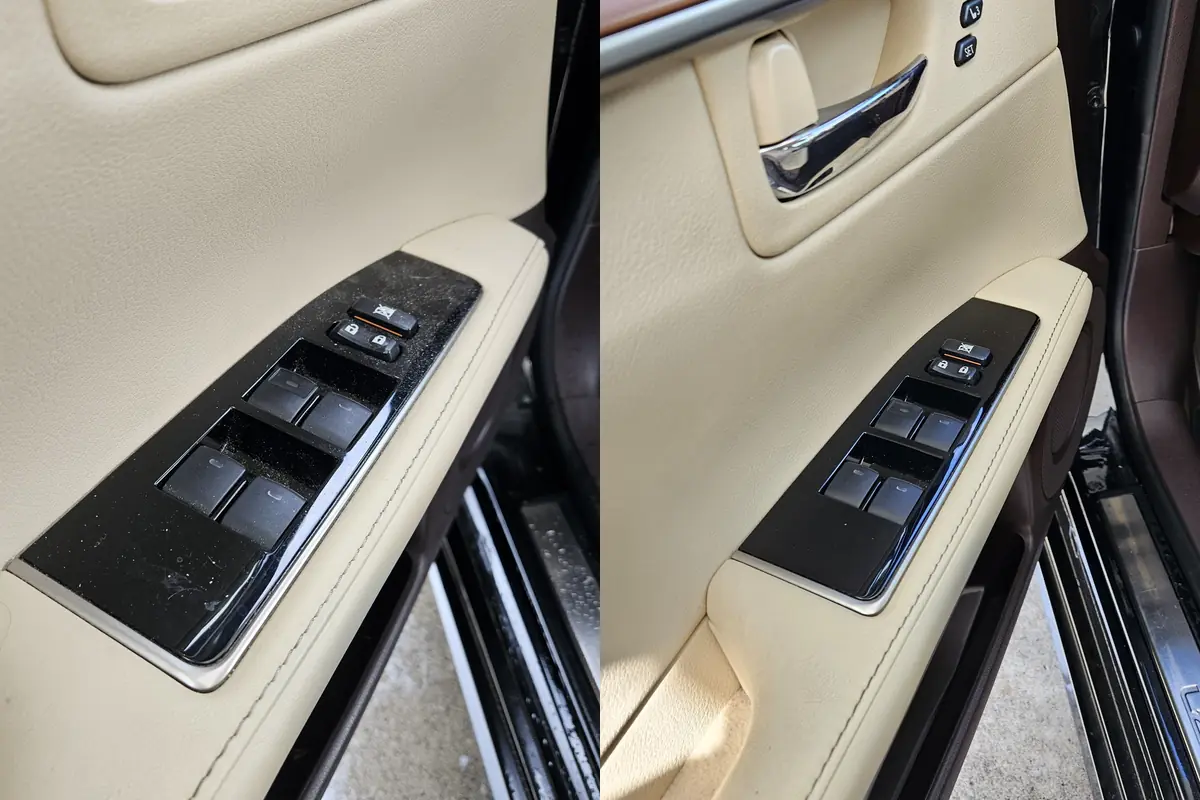 Driver door panel and window switches in a 2016 Lexus ES, before and after cleaning