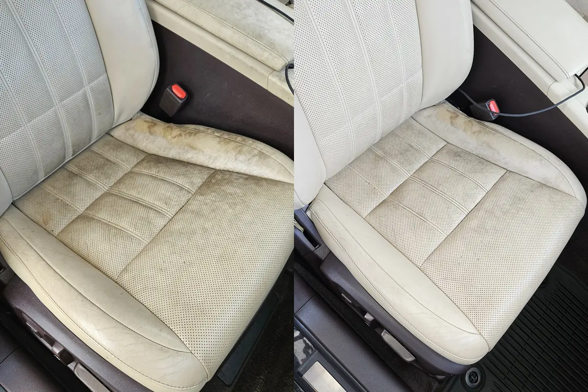 Driver seat in a 2016 Lexus ES, before and after leather cleaning