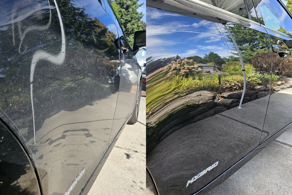 Rear door of a black 2016 Lexus ES Hybrid, dusty before and glossy after a hand wash