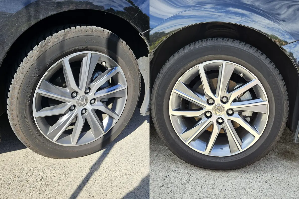Front wheel of a 2016 Lexus ES, before and after cleaning off brake dust