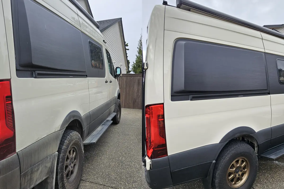 Rear quarter of a Mercedes Sprinter with road grime on the lower cladding before and clean after