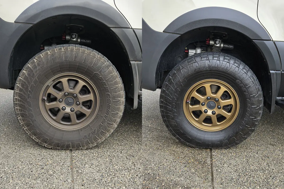 Sprinter front wheel and arch covered in dust before, bronze wheel and black arch clean after