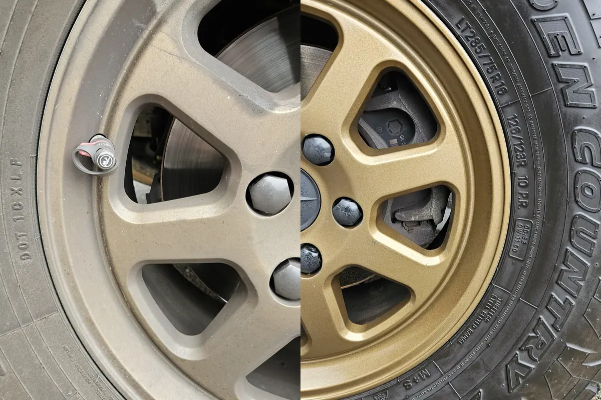 Close up of a Sprinter bronze wheel dull with dust before and clean after