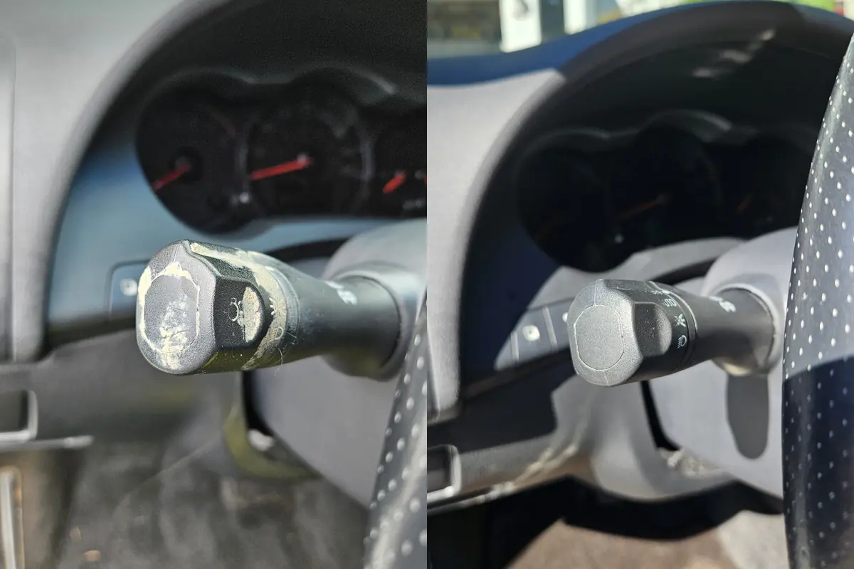Steering column and stalk in a 2008 Nissan Altima Coupe, before and after cleaning