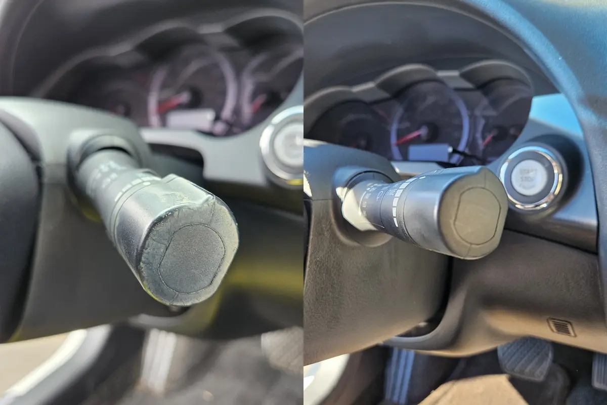 Stalk close up in a 2008 Nissan Altima Coupe, before and after cleaning