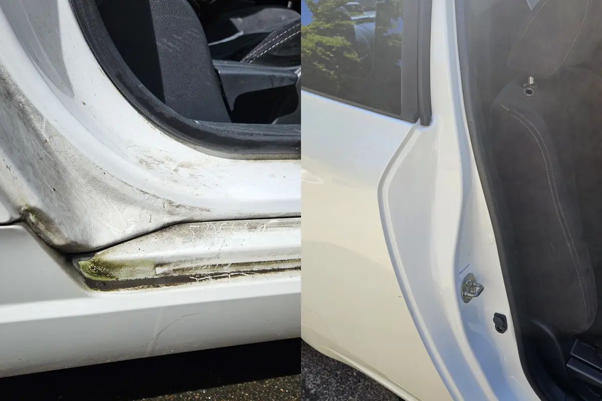 Car door jamb before and after a deep clean