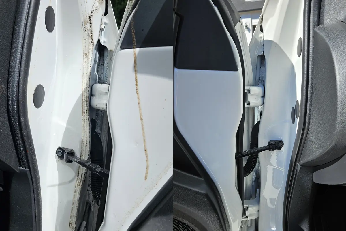Trunk gutter and hinge area in a 2008 Nissan Altima Coupe, before and after cleaning