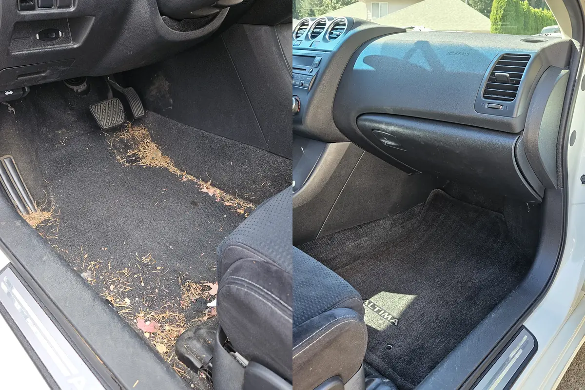 Passenger footwell and sill before and after an interior detail