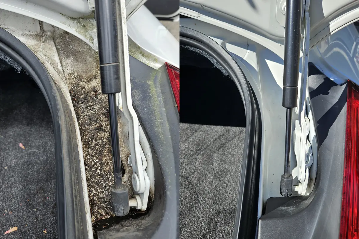 Trunk strut and rear light surround in a 2008 Nissan Altima Coupe, before and after cleaning