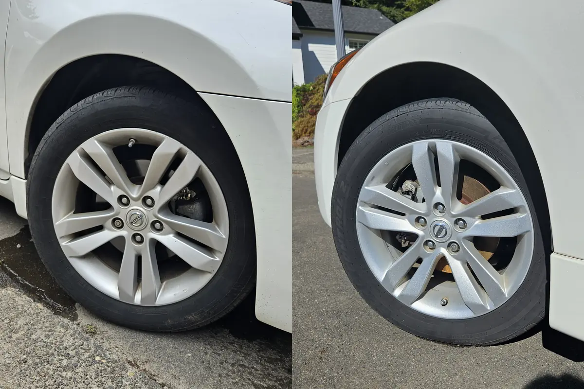 Wheel and arch deep cleaned, before and after