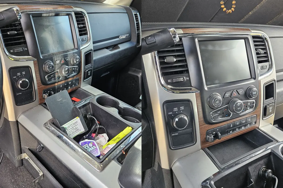Center stack and console tray in a RAM 1500 4x4, before and after cleaning