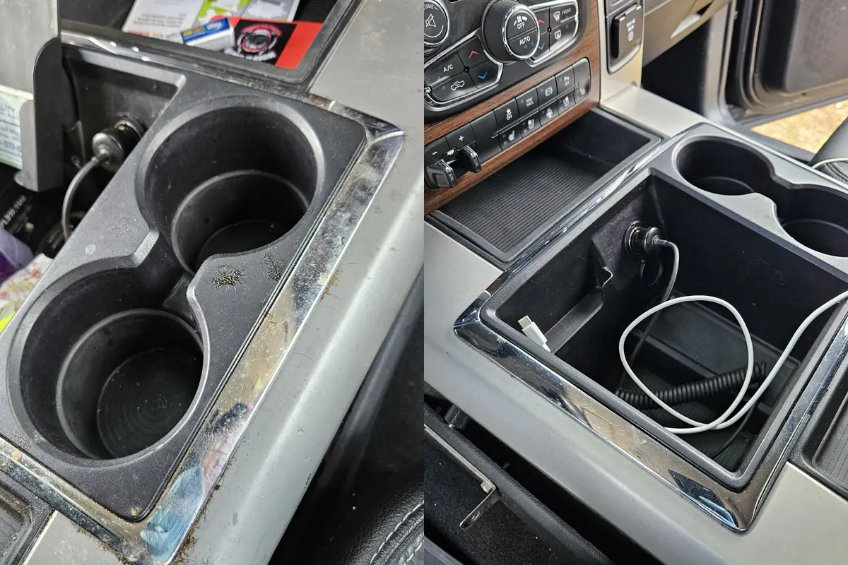 Console cup holders in a RAM 1500 4x4, before and after cleaning