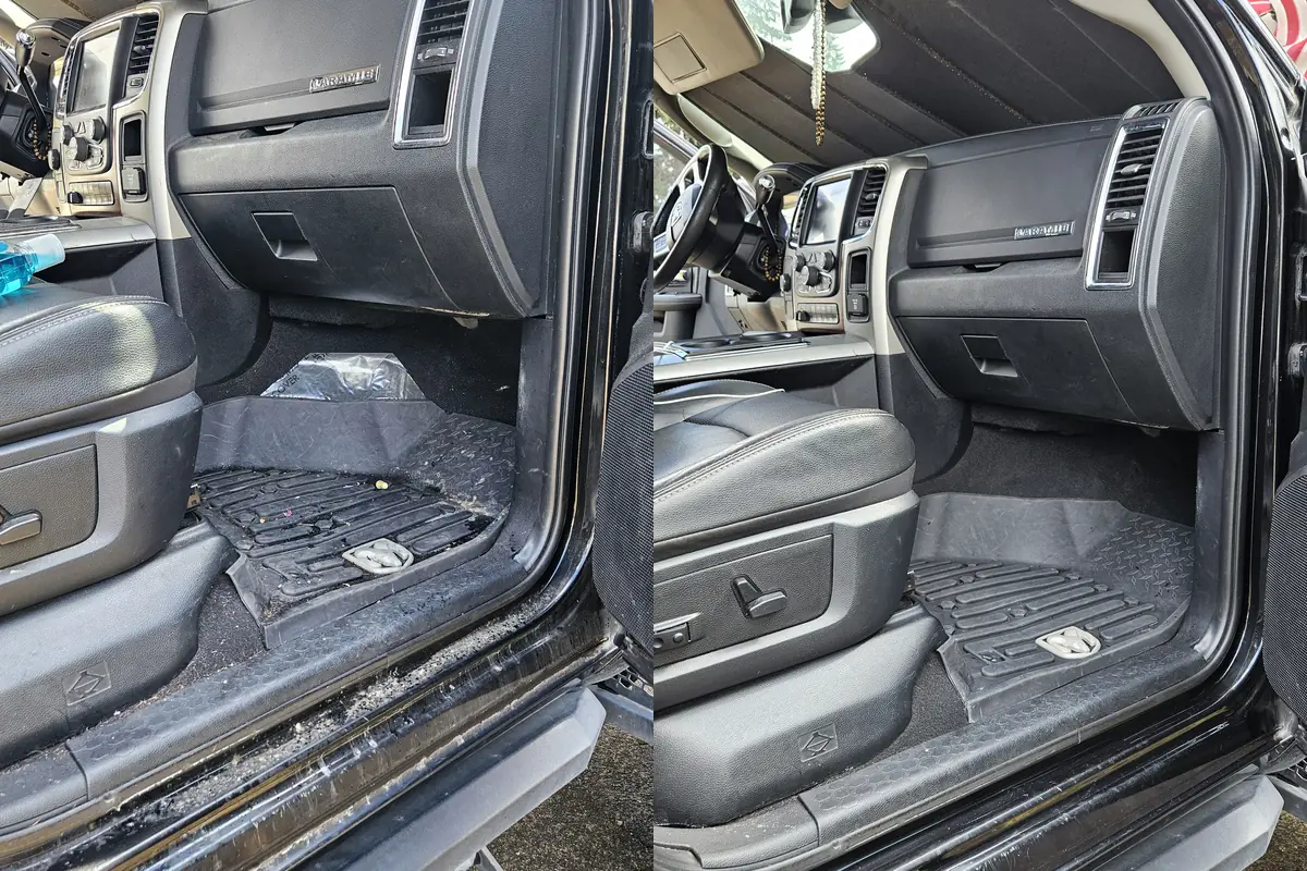 Dash, vents and door sill in a RAM 1500 4x4, before and after cleaning