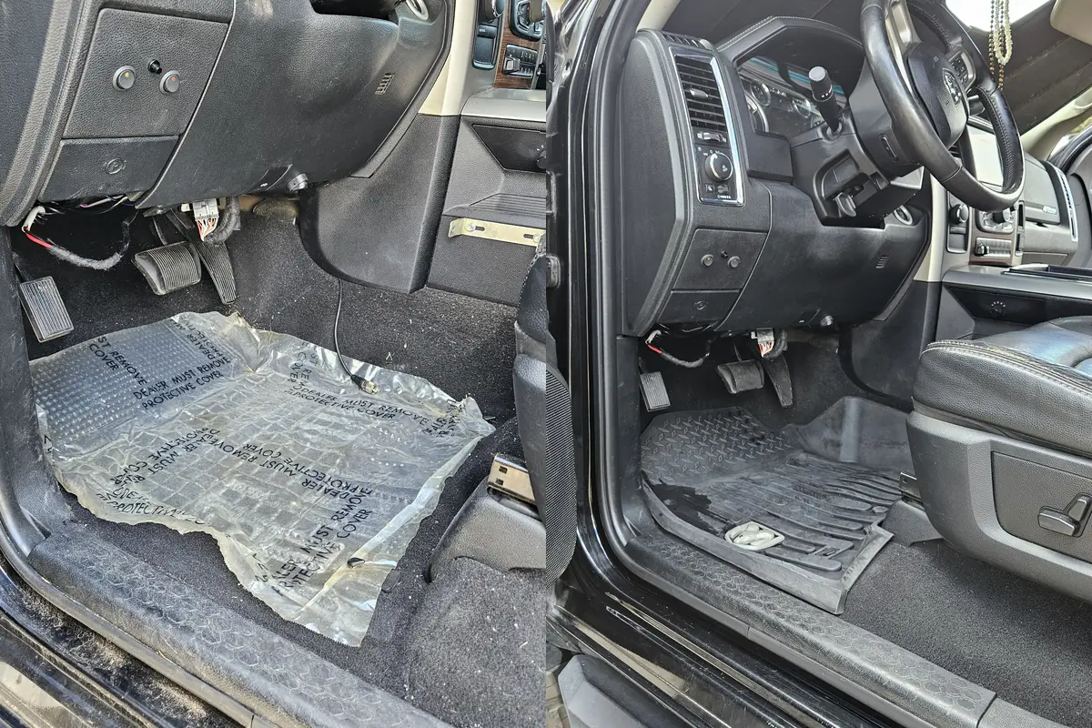 Driver footwell and floor mat in a RAM 1500 4x4, before and after cleaning