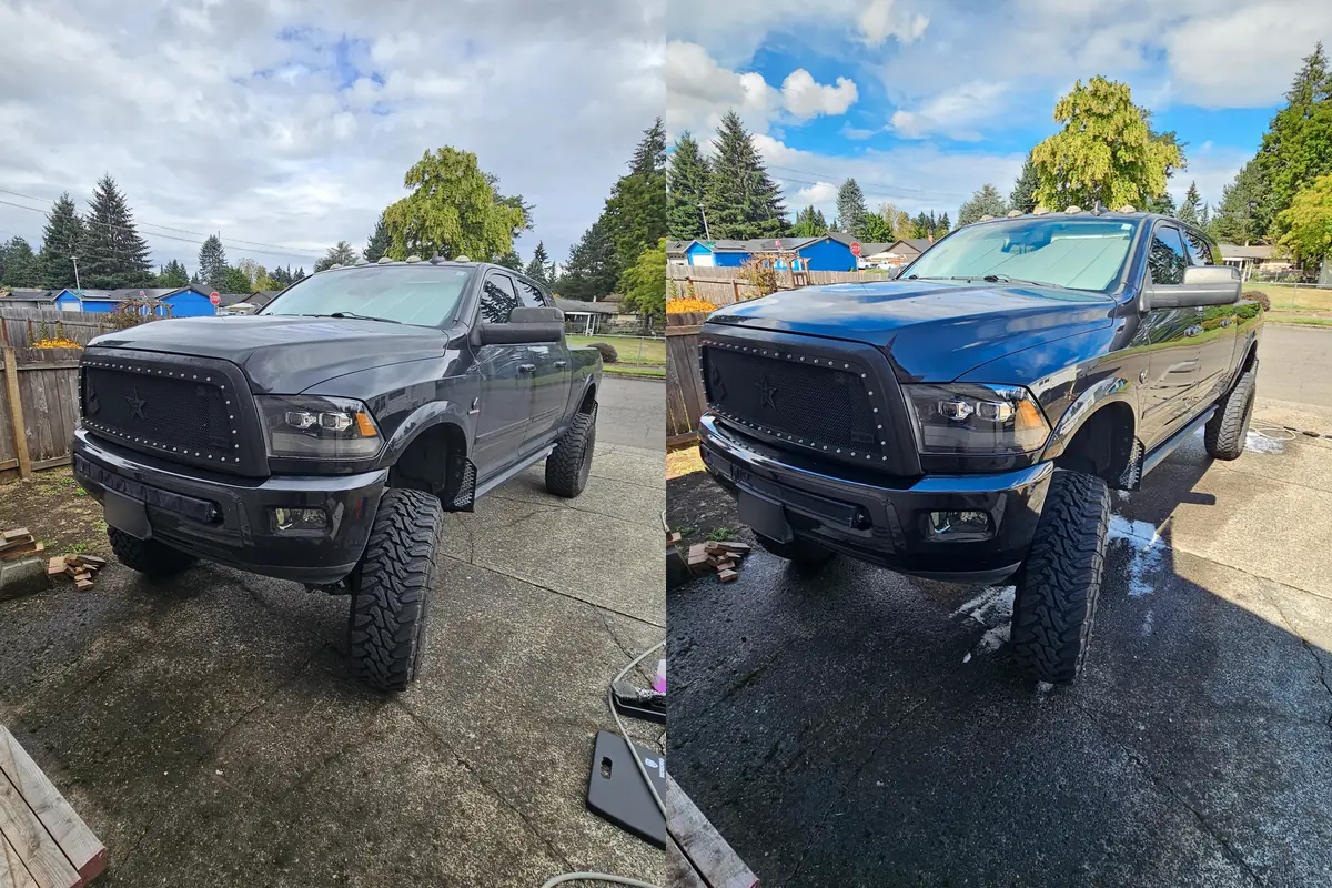 RAM 1500 4x4 before and after a hand wash in Vancouver WA, dull paint restored to gloss