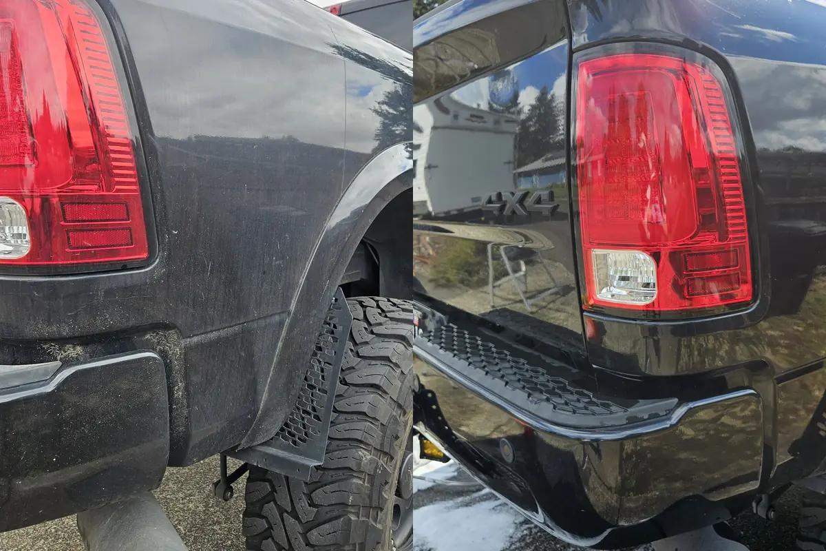 Rear quarter, tail light and step in a RAM 1500 4x4, before and after cleaning