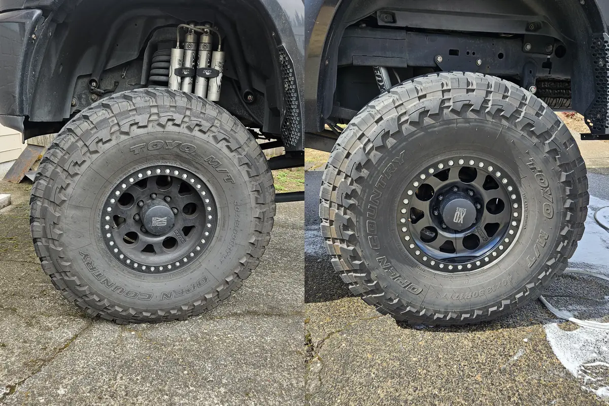Wheel and off road tire in a RAM 1500 4x4, before and after cleaning