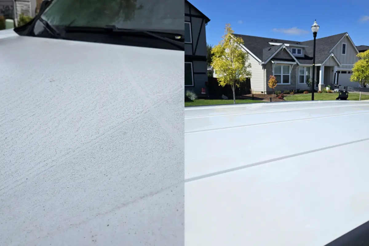 Hood panel in a 2017 Ram ProMaster City, before and after cleaning