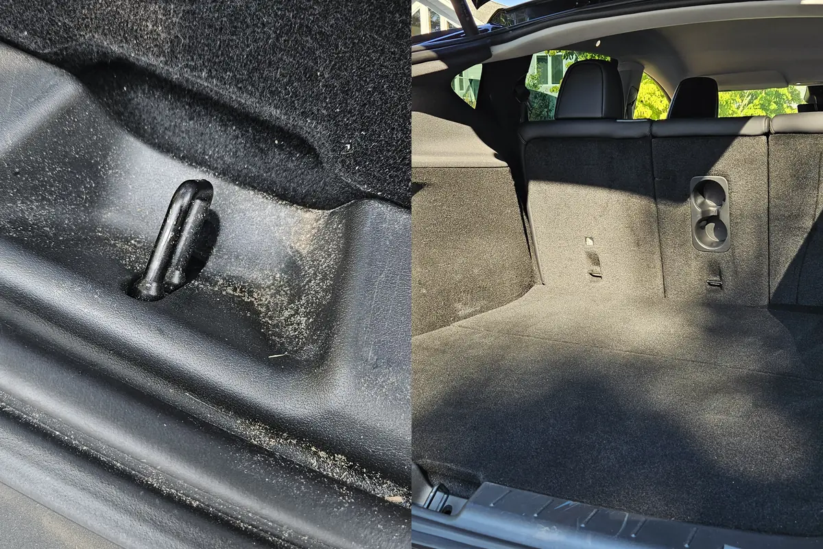 Trunk corner and side panel in a 2026 Tesla Model Y, before and after cleaning