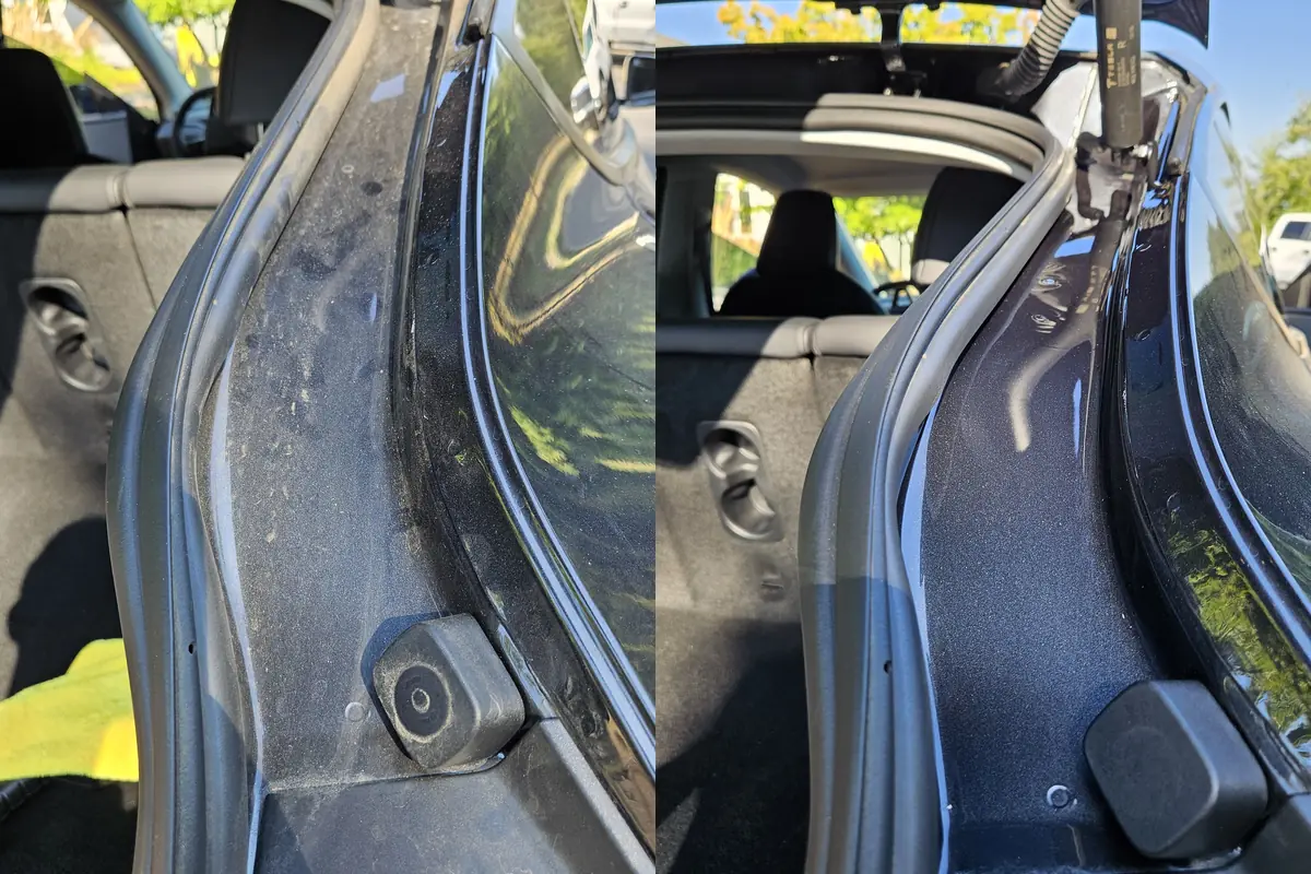 Trunk hinge and rubber seal in a 2026 Tesla Model Y, before and after cleaning