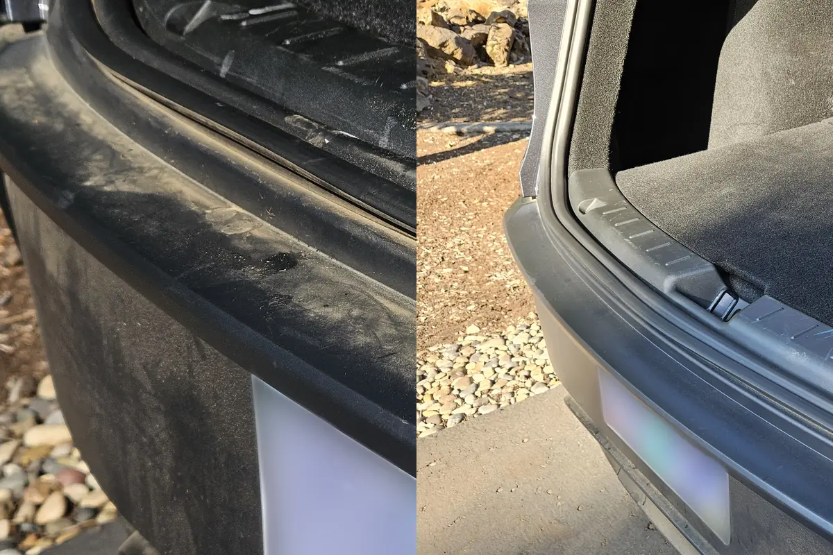 Rear trunk lip and bumper edge in a 2026 Tesla Model Y, before and after cleaning
