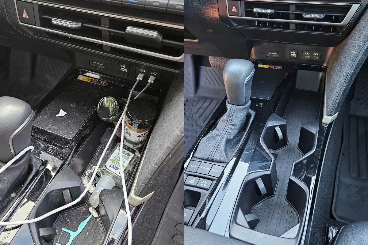 Centre console of a 2025 Toyota Camry cluttered with cables before and clear after detailing